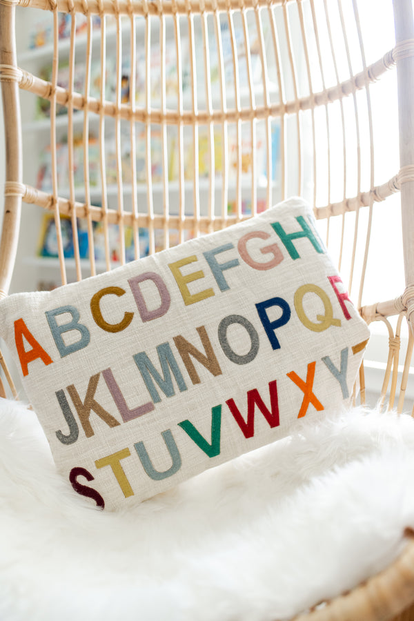Cotton Lumbar Pillow with Embroidered Alphabet - Joy Meets Home